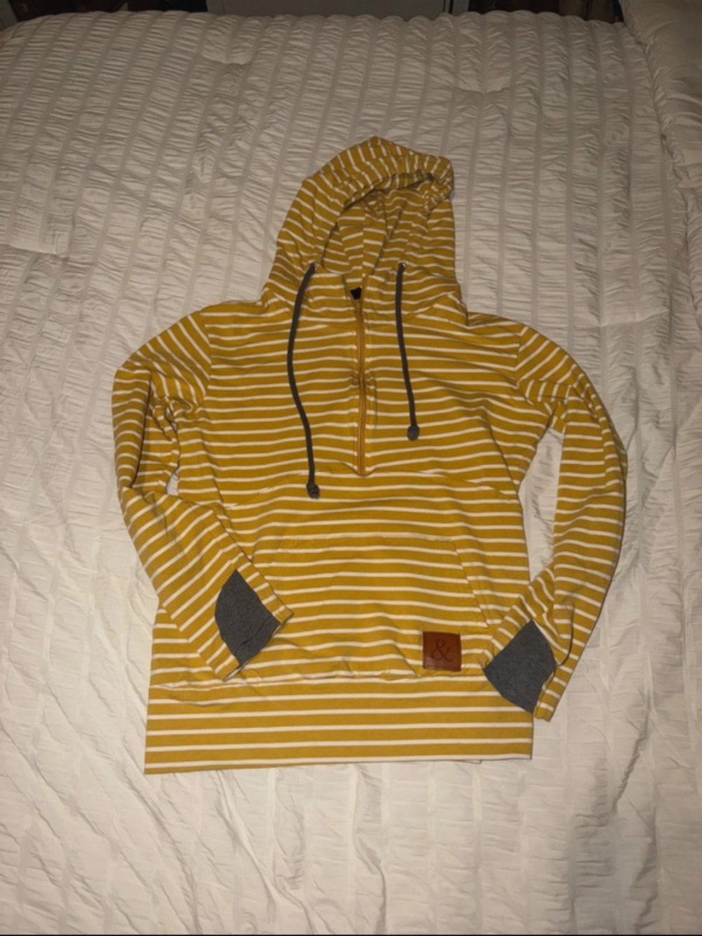 Striped Mustard Yellow Hooded Pullover with Contrast Cuffs